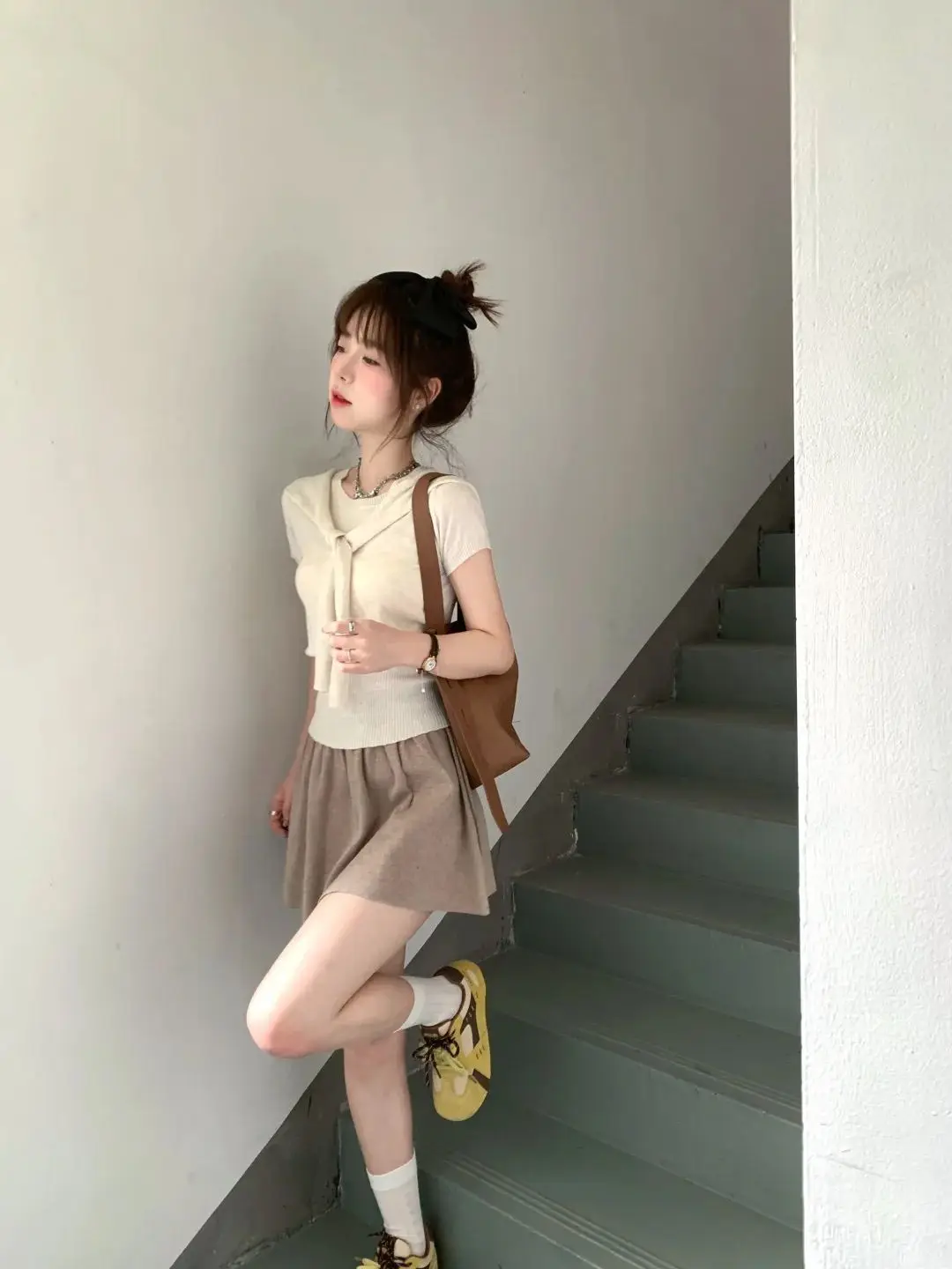 

Preppy Style Short Sleeve Knitted Shirt Spliced Cape Women High-waisted Slim A-line Skirt Summer Pure Sweet Two Pieces Set