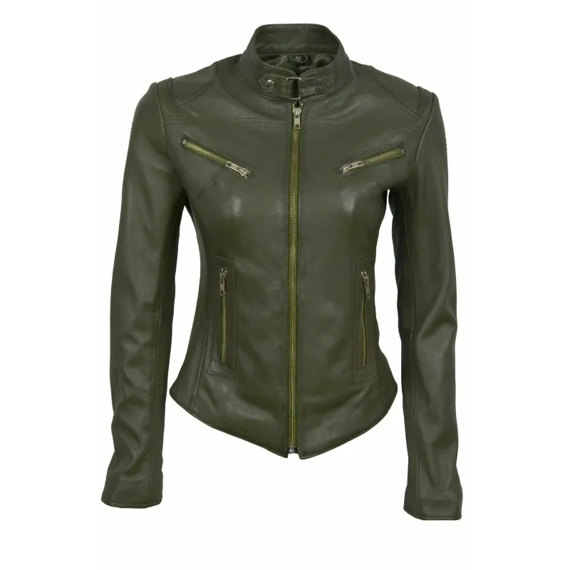 NEW Women's Lambskin Real Leather Jacket Biker Green Slim Fit Golden Zipper Coat