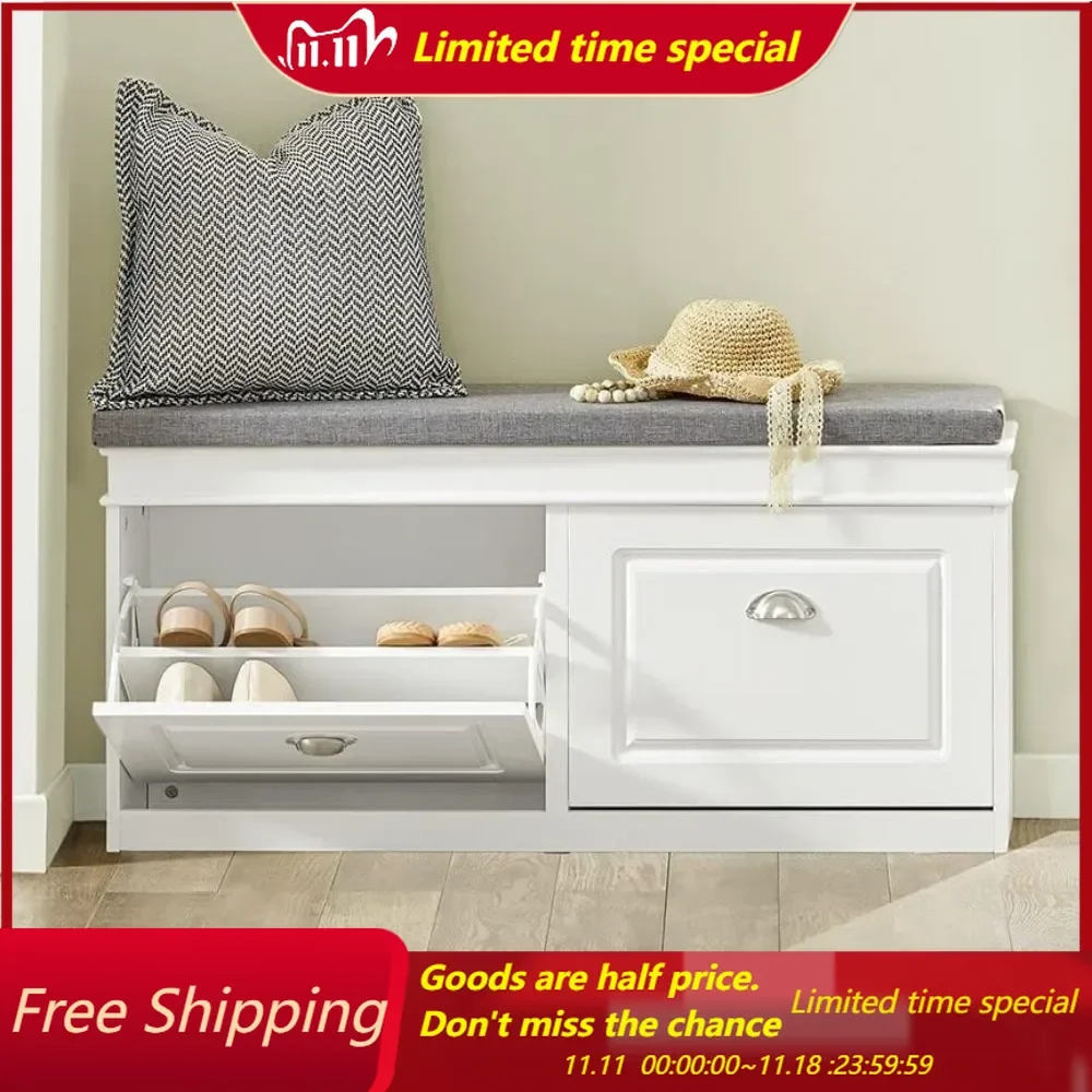 

White Shoe Storage Bench with 2 Flip Drawers & Padded Seat Cushion, Modern Design Shoe Storage Hallway Shoe Cab