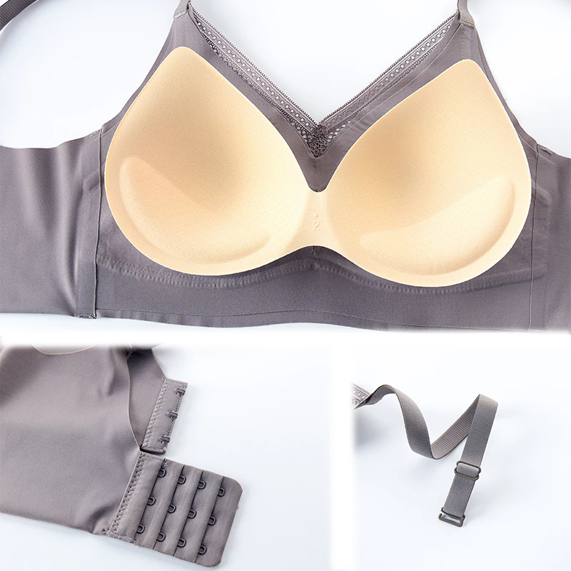 Thailand Latex Underwear Women Thin Shoulder Adjustable Straps Flowers Lace Seamless Breasted Plus Size Bra Widened Side Ratio image 6