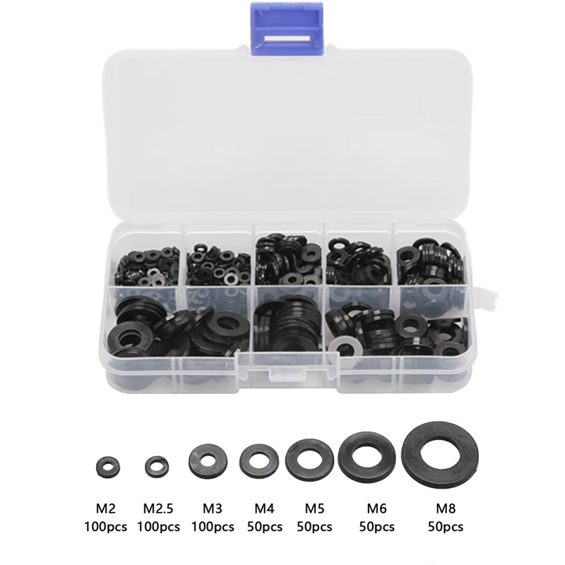 500pcs Flat Washer Gasket Set M2 M2.5 M3 M4 M5 M6 M8 Plastic Sealing O-rings Spacer Assortment Kit Fastener White Black