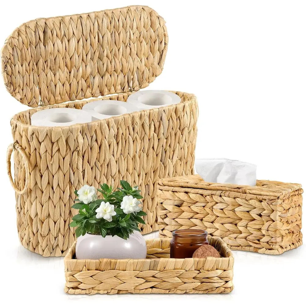 

Wicker Toilet Paper Holder with Lid, 3-Piece Bathroom Accessory Set, Storage Basket, Tissue Box, and Tray for Home Organization