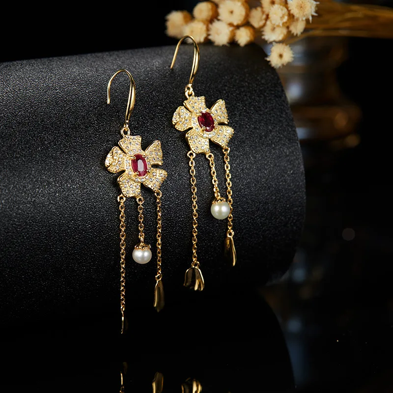 925 Sterling Silver Topaz Red Garnet Diopside Tassel Flower Earrings for Women in Europe and America Luxury Jewelry