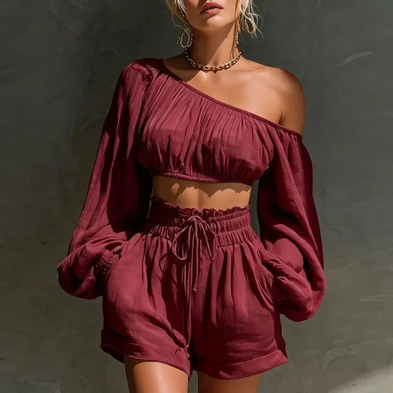 Greenora Women Solid One Shoulder 2 Piece Sets Puff Sleeve Ruffle Crop Tops & Drawstring Shorts Suit Summer Casual Vacation Beac