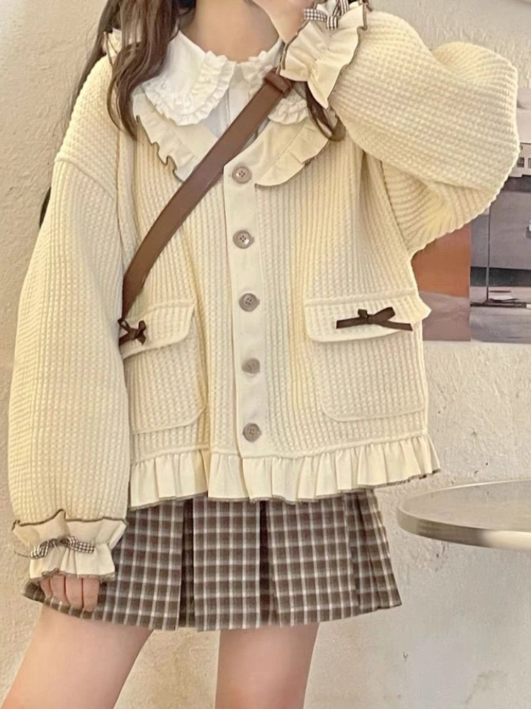 Autumn Japanese Lolita 3 Piece Set Women Peter Pan Collar Sweet Mini Skirt Suit Female Kawaii Bow Vintage Plaid Skirts Suit 2023