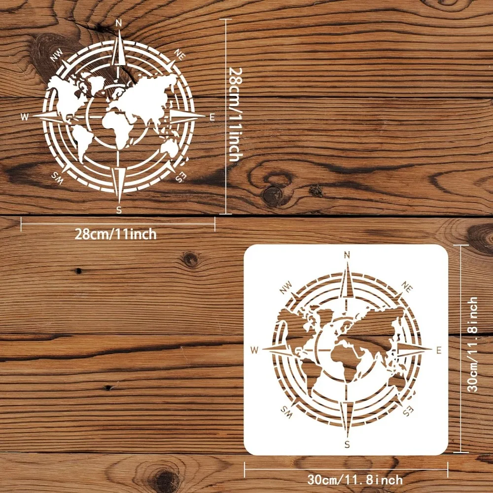 Compass Drawing Stencil 11.8x11.8inch Reusable World Map Decoration Template DIY Craft Vintage Compass Large Stencils for Paint