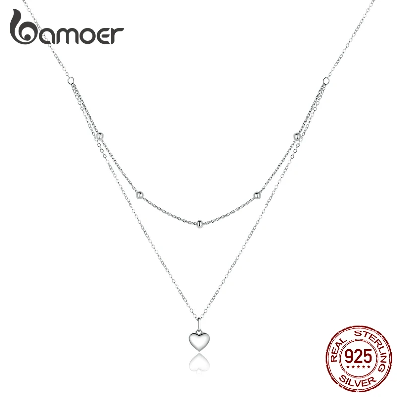 

Подвеска в форме сердца Bamoer, двухслойное ожерелье, стерлинговое серебро 925 пробы, уникальные бусины, декоративный дизайн, ожерелье, женские ювелирные изделия