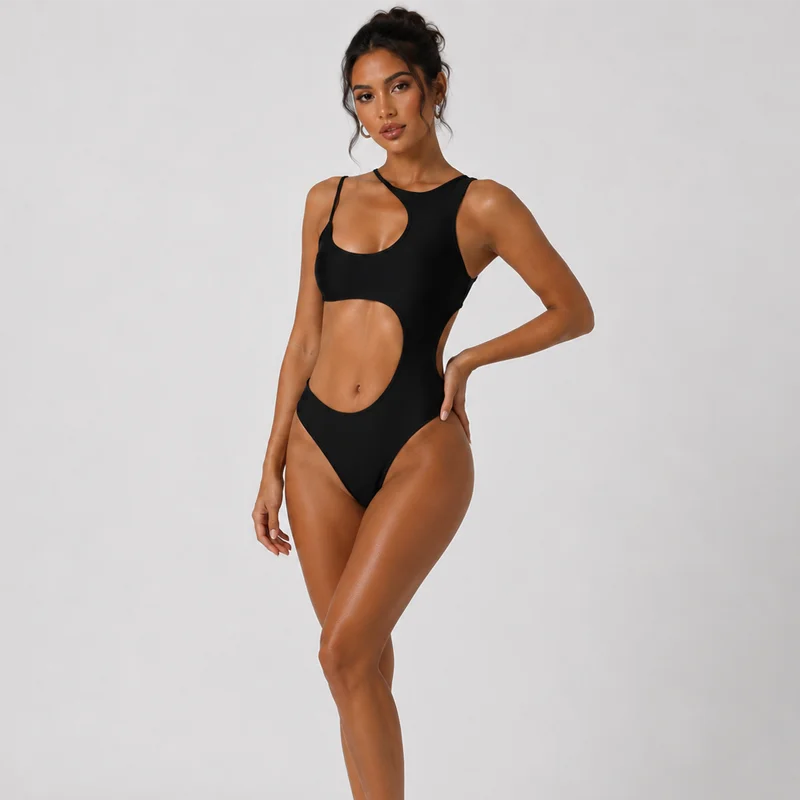 Damen-Bodysuit Schwarz Asymmetrisch Einseitig Schulterfrei Ausgeschnitten Ärmellos Figurbetont Hochgeschnitten Einteiliger Leotard Y2K Body Suit – Detail 5