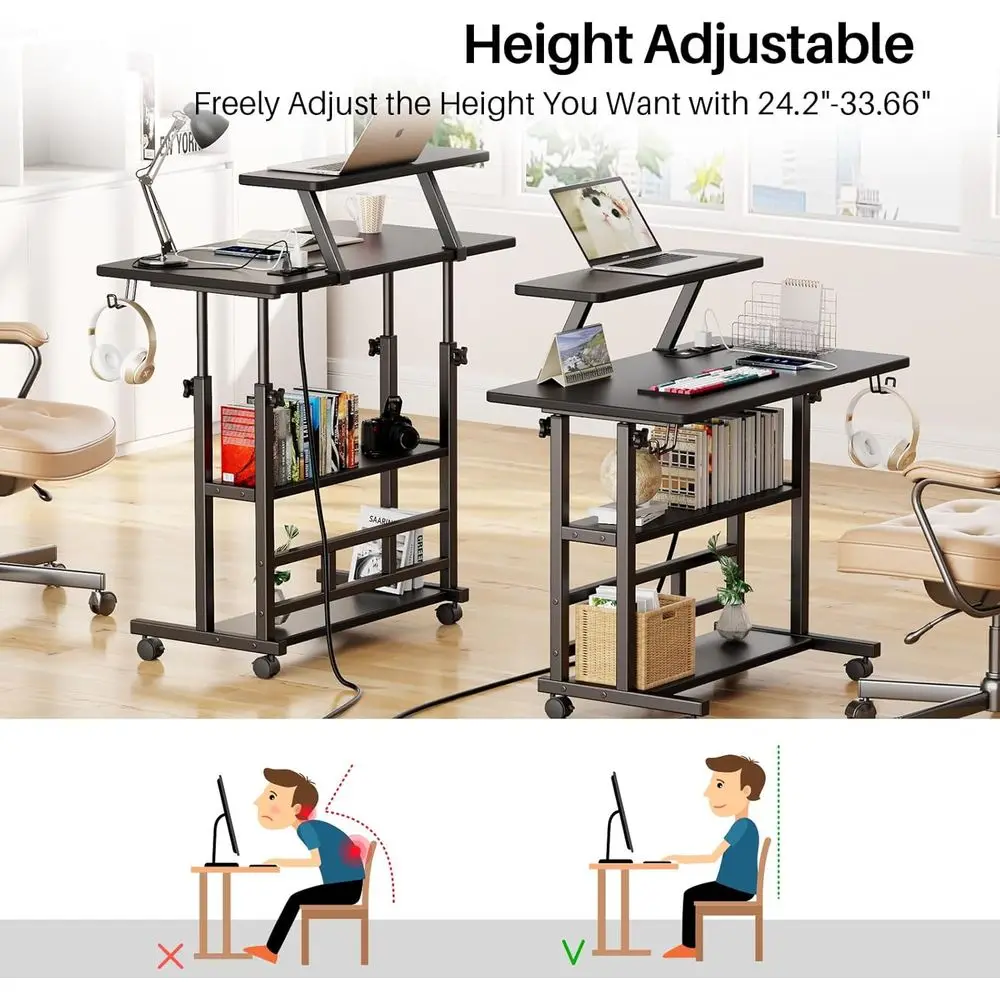 Escritorio de pie ergonómico ajustable con alimentación, soporte para monitor y almacenamiento para computadoras portátiles (negro)