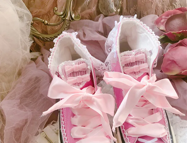 اليابانية الأصلية الوردي لوليتا حذاء قماش الحلو لطيف القوس حزام الدانتيل حافة حذاء كاجوال تنوعا عالية الجودة أحذية يوميا الخروج #6