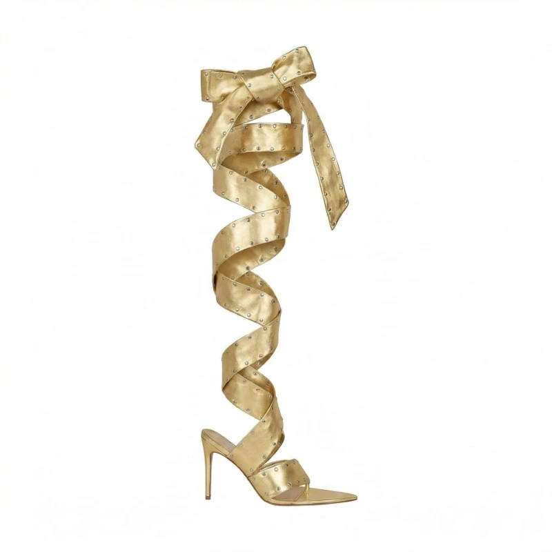 

2026 European and American Summer High-heeled Sandals with Adjustable Cross Straps, Women's Sexy Rivets, Nightclub Party Shoes