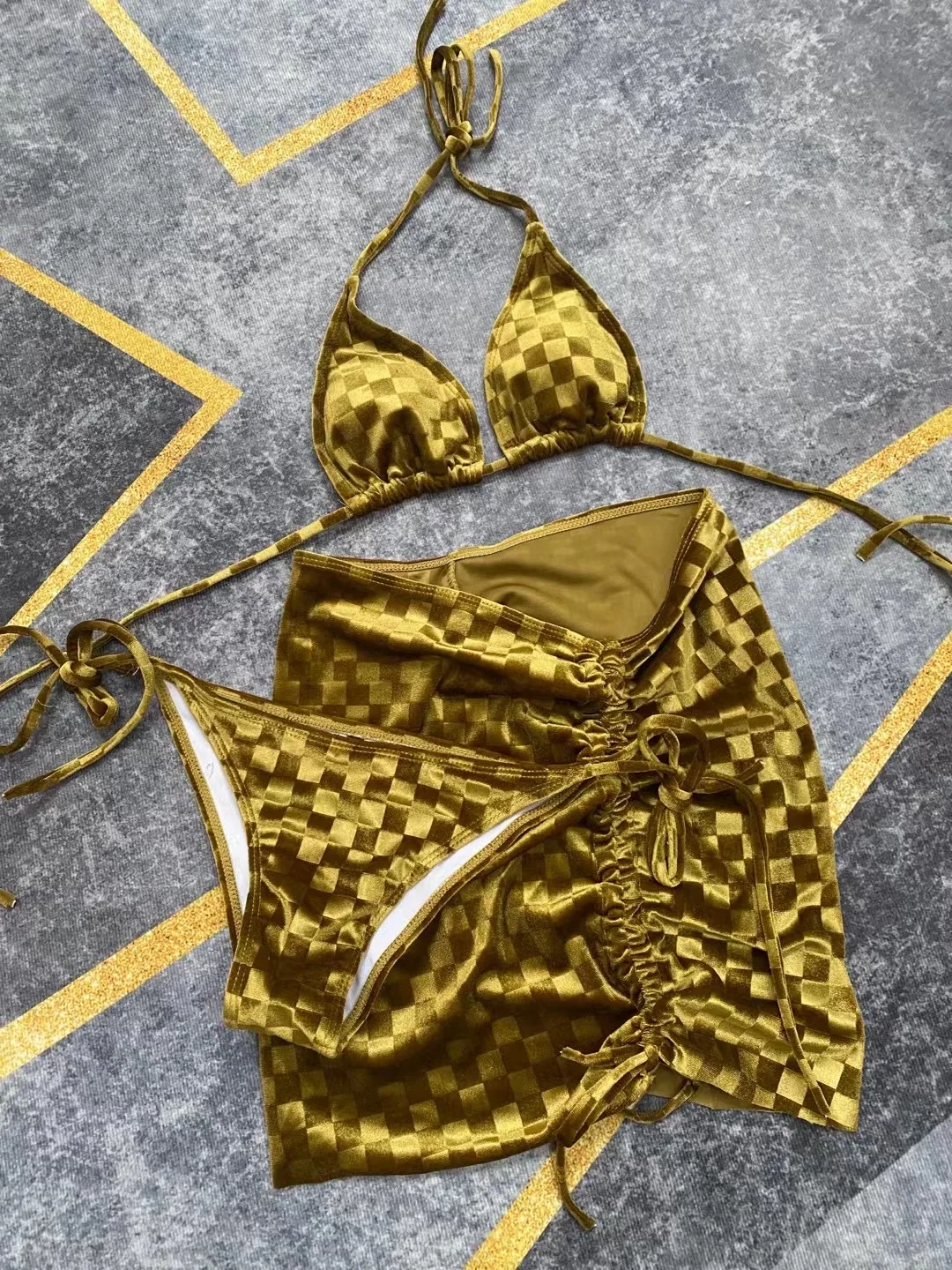 

Velvet Designer Bikinis Brand Plaid 3 PCS Bikini Suit Skirt Chic Swimsuit Women Swimwear Summer Beach Bathing Suits Monokini