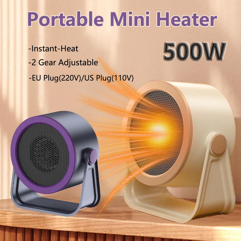 

2026 Портативный вентилятор с мгновенным нагревом, 500 Вт, настольный вентилятор для теплого воздуха, уличный компактный мини-радиатор, 2 передачи, автомобильный обогреватель 90 ° Вращающийся