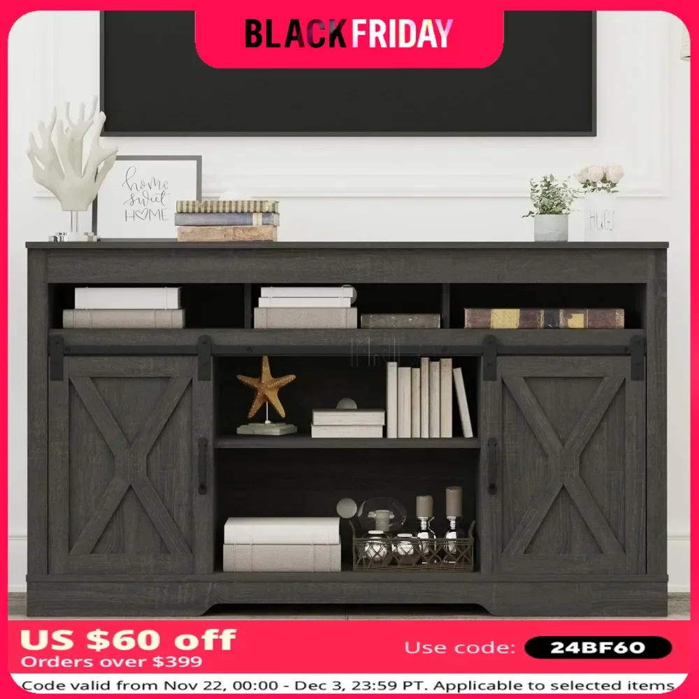 TV Stand  34'' for 65+Inch TVs with Sliding Barn Doors, Rustic Wood Media Console Storage Cabinet Television Stand