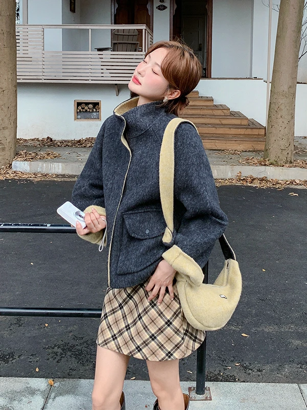 

ay Color Blo Double Sided Woolen Coat ort Women's Sle Korean Version Autumn Winter New Faion Commute Straight Cut