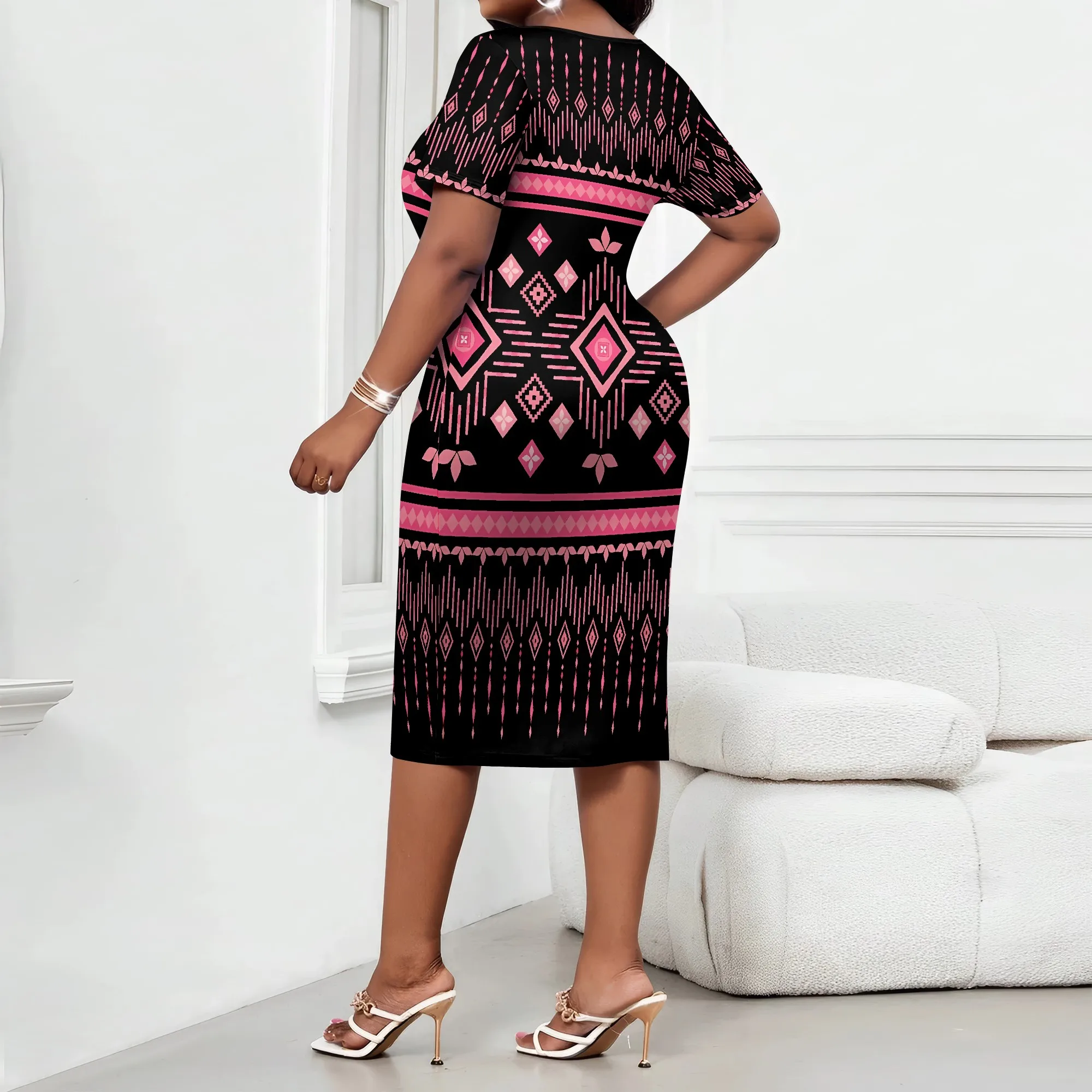 Vestido feminino com estampa étnica geométrica Nupusa plus size verão casual gola quadrada manga curta vestido midi