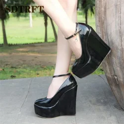 Crossdresser High-Heeled Small Yards:30 31 32 33 Plus:42 43 Spring 15cm Wedges Patent Leather Buckle Pumps Women Wedding Shoes