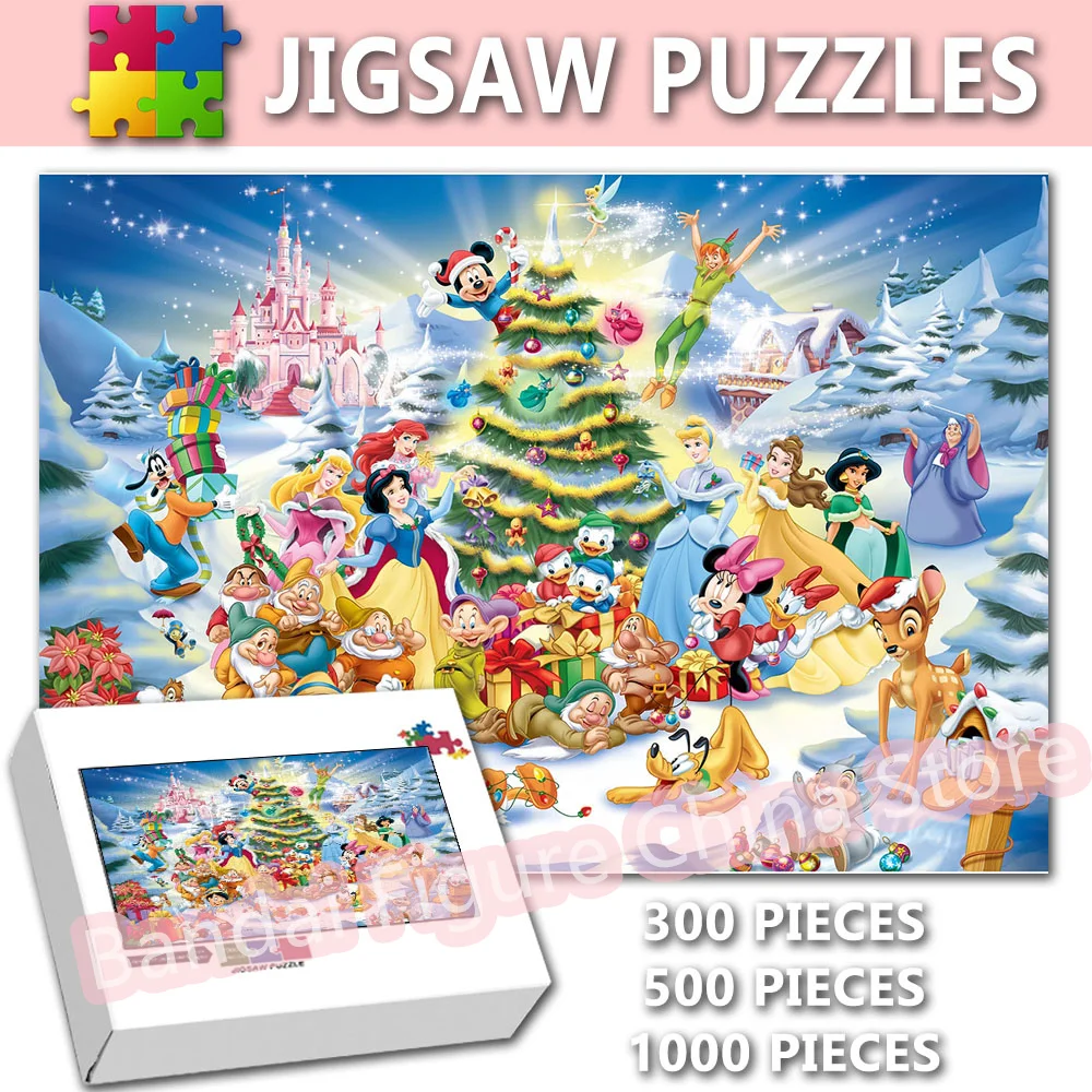 

Merry Christmas Gifts Jigsaw Puzzle Stress Relief Toy Mickey Mouse Disney Princess Family Print Puzzle Home Decor Game Gifts