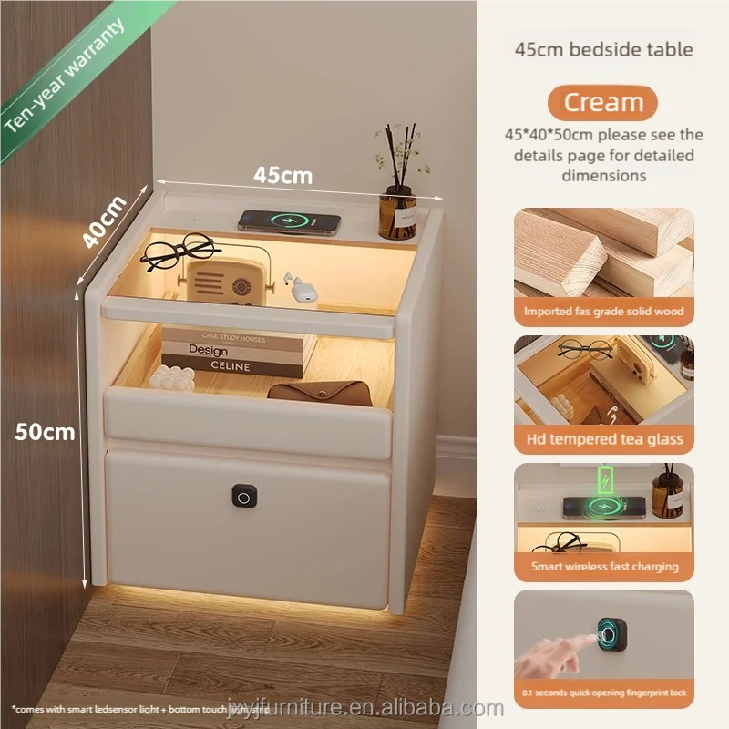 طاولة سرير ذكية لغرفة النوم، لاسلكية متعددة الوظائف، قفل بصمة الإصبع، خزانة بجانب السرير من الخشب الصلب #4