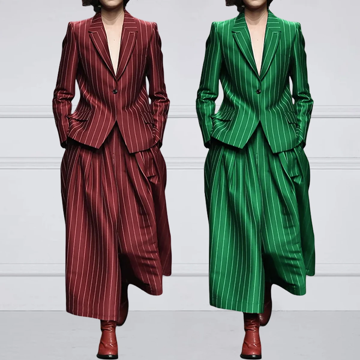 UOOZEE Office Lady Formal Business 2 Piece Sets Striped Long Sleeves Notched Collar Blazer & High Waisted Wide Leg Pants Suits