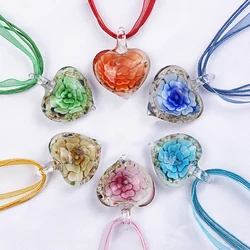 Fashion Wholesale Lots 6pcs Handmade Murano Lampwork Glass Mixed Color Inside Red Flower Pendants Silk Cords Necklace New Arrive