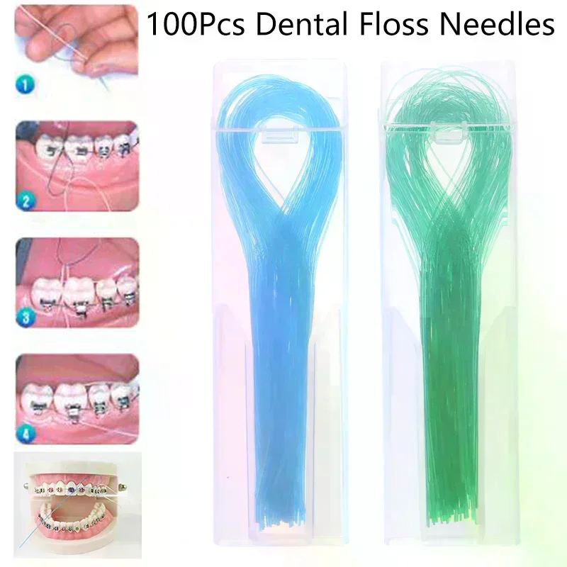 100pcs Dental Floss Threader Traction Line Oral for Crown Brace Bridge Implant Hoop Threading Braces Steel
