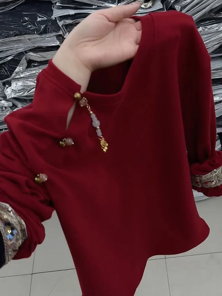 

Ele Red Chinese Sle Women's Long Sve round Ne Top New Year Faion Set Spring Season Lightweight Luxury Feel