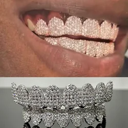 RACHELZ 8/8 Full Iced Out CZ Stone Teeth Caps For Women Men Braces Hip Hop Shiny Zircon Tooth Grills Punk Rapper Jewelry