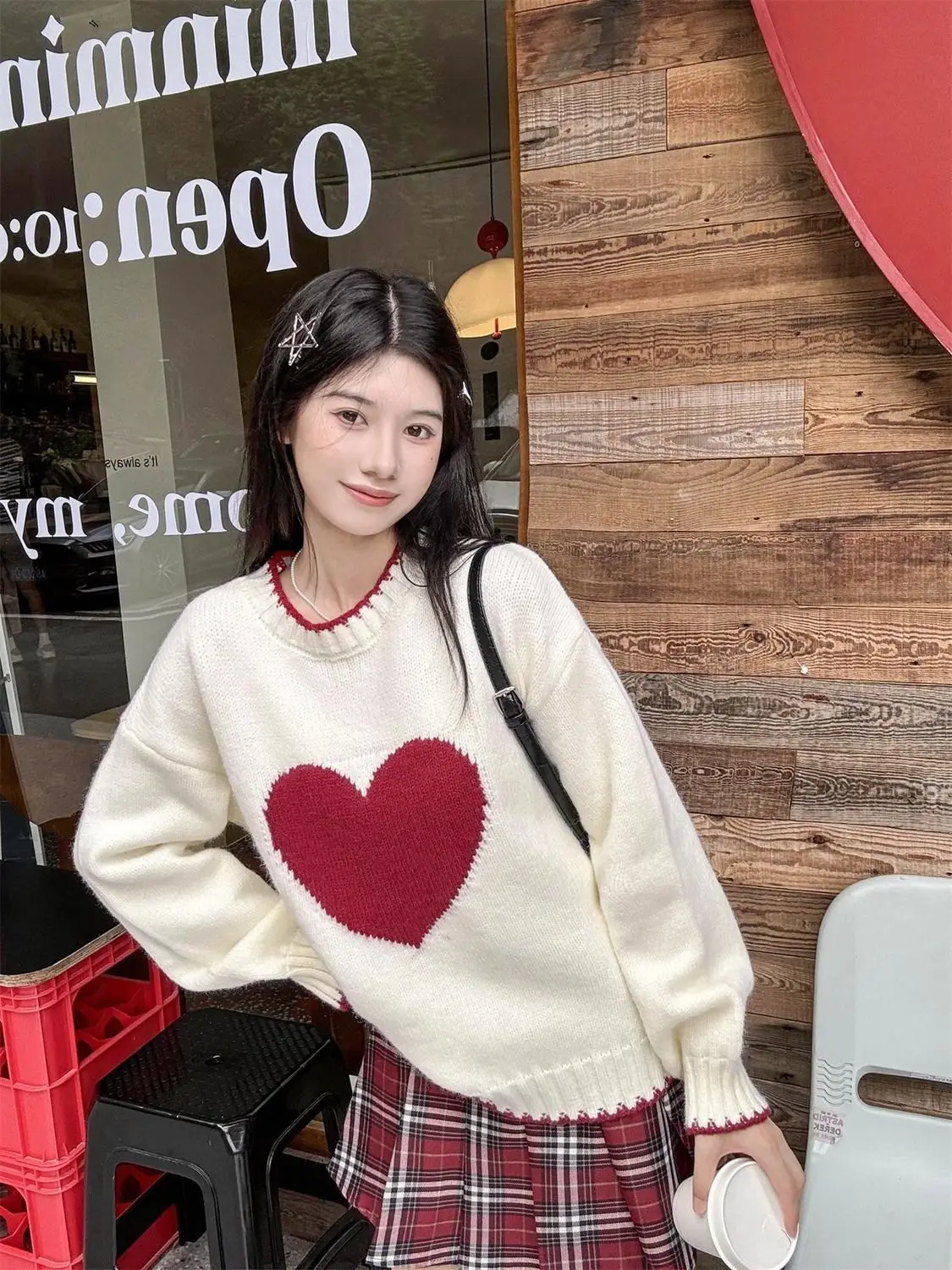 Gaganight Women Dopamine Love Color Contrast Jacquard Sweater 2024 Autumn Winter New Korean Version Loose Sweet Knitted Sweater