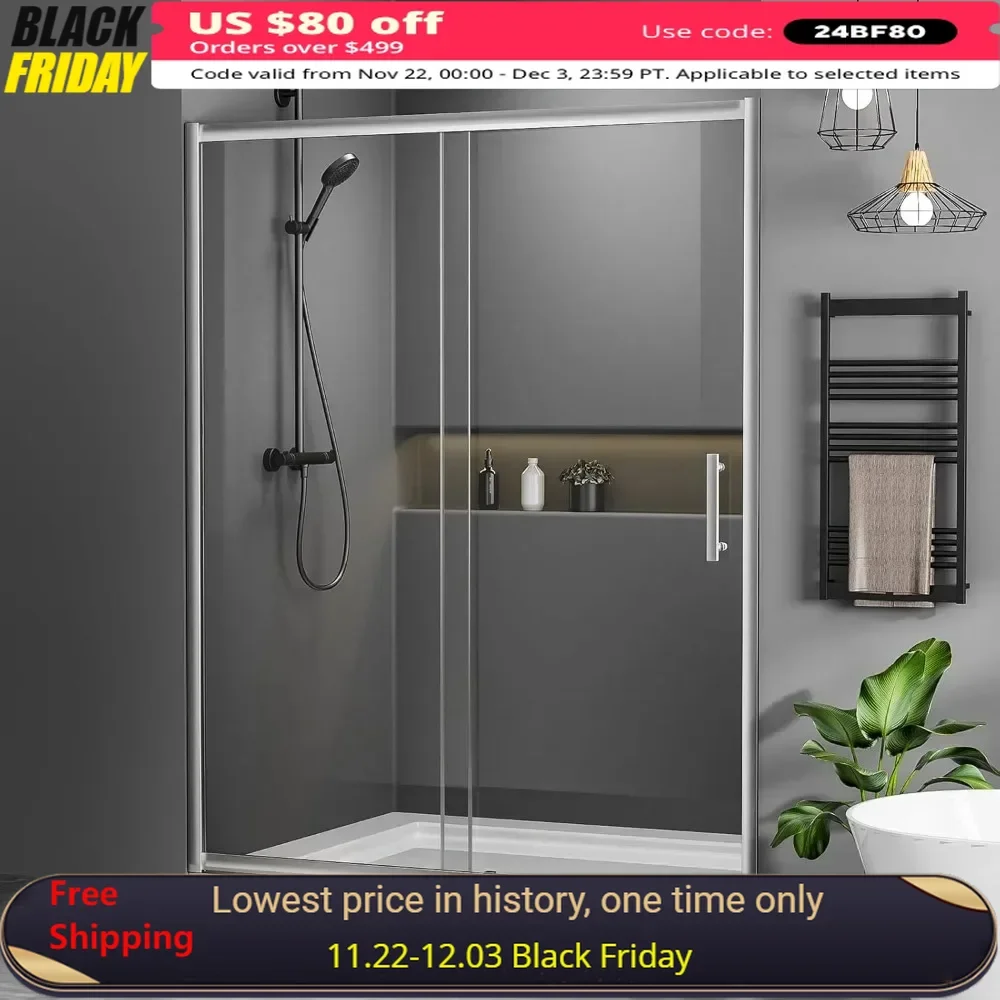 

54 in.W X 76 in.H Shower Door, Bathroom Sliding Door with 1/4(6mm) in Clear Tempered Glass, Reversible Installation