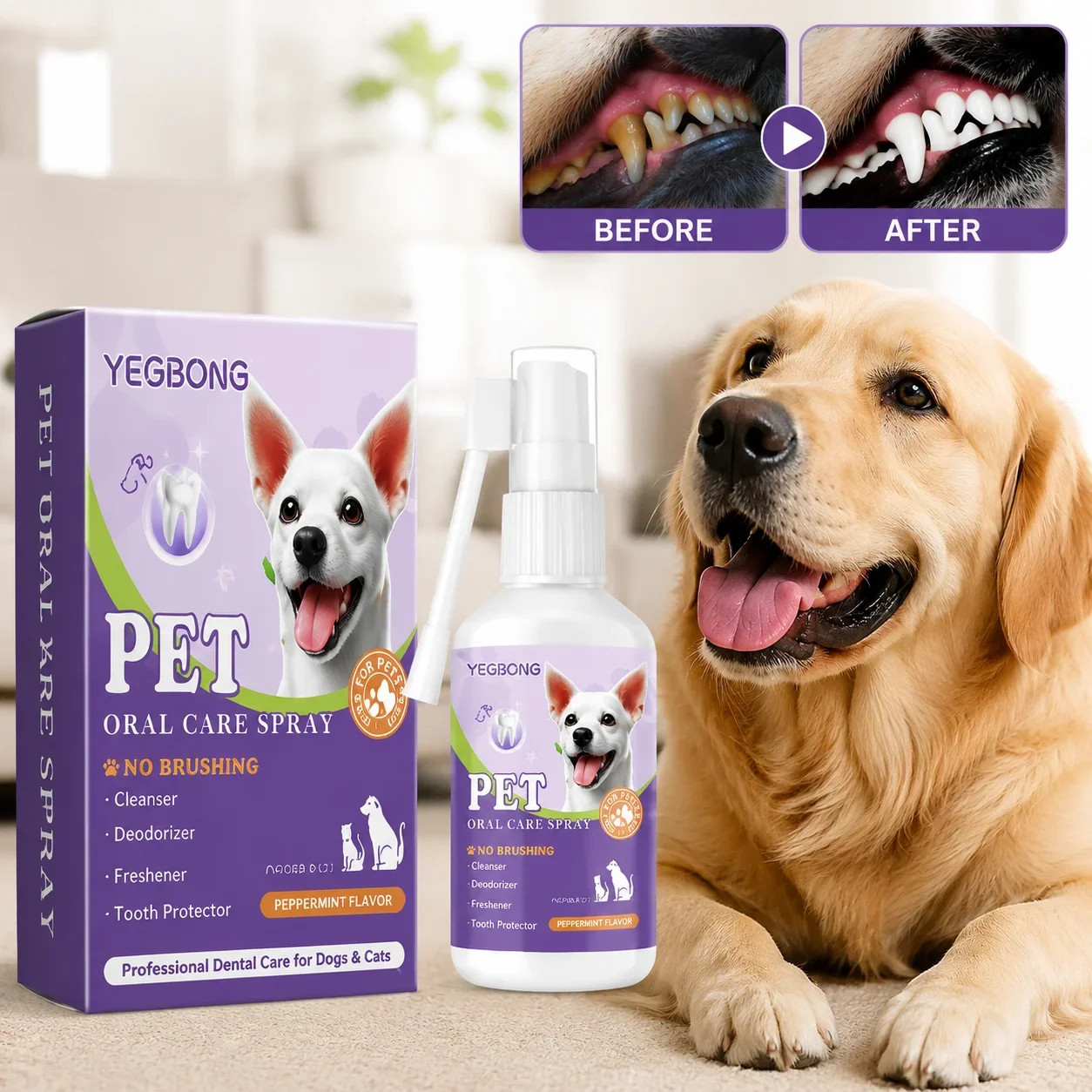 Dog & Cat Breath Freshening Spray - Efficient Tartar & Plaque Removal, Stops Bad Breath, Gentle Pet Oral Hygiene Treatment