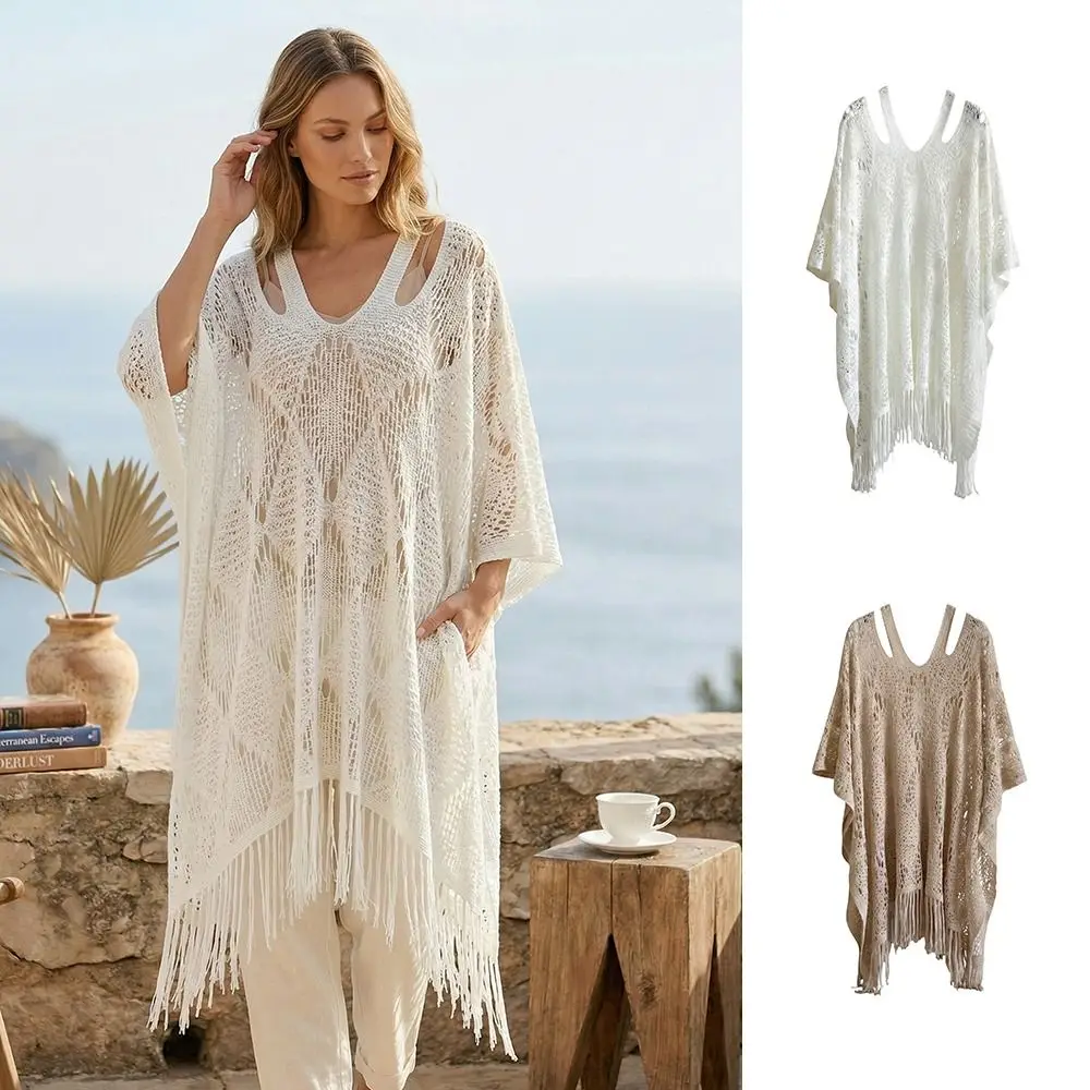 

Простая пляжная накидка-шаль в богемном стиле с защитой от солнца, с кисточками, больших размеров, вязаная, ажурная, свободного кроя, для отпуска