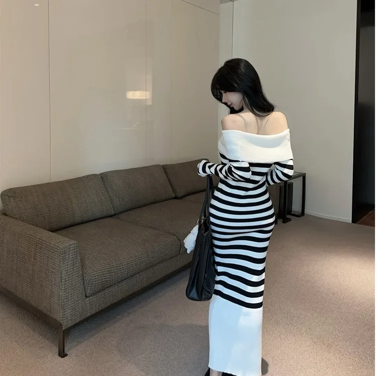 섹시 니트 드레스 원숄더 하이웨이스트 슬림핏 롱 슬리브 가을 겨울 스트라이프 이너웨어 캐주얼 엘레강스