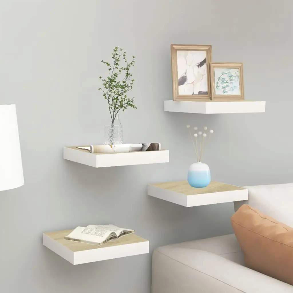 Set of 4 Floating Wall Shelves - Oak & White MDF, 23x23.5x3.8cm Storage Solution