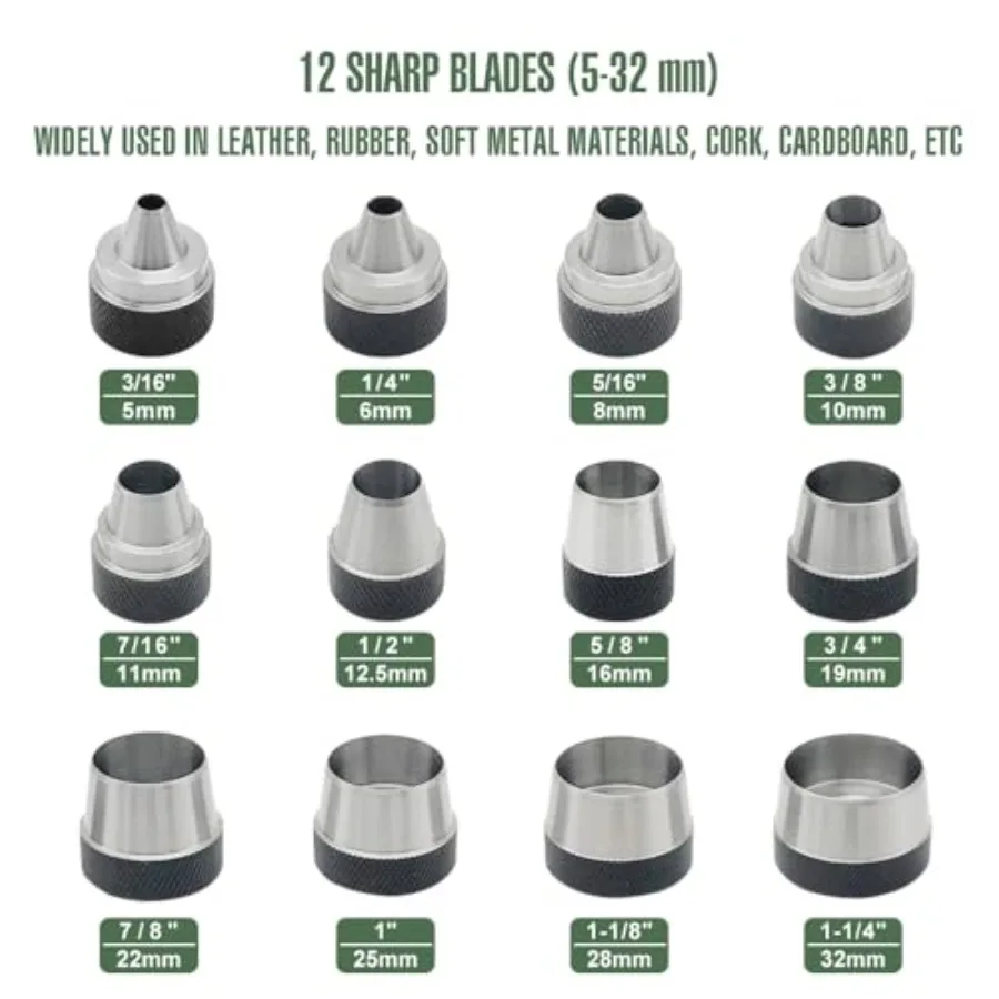 مجموعة خرامة حشية 12 في 1 مع خرامة ثقب جلدية حادة مجموعة ثقب مجوفة لصناعة الجلود 3 16 بوصة إلى 11 4 بوصة مجموعة ثقب #2