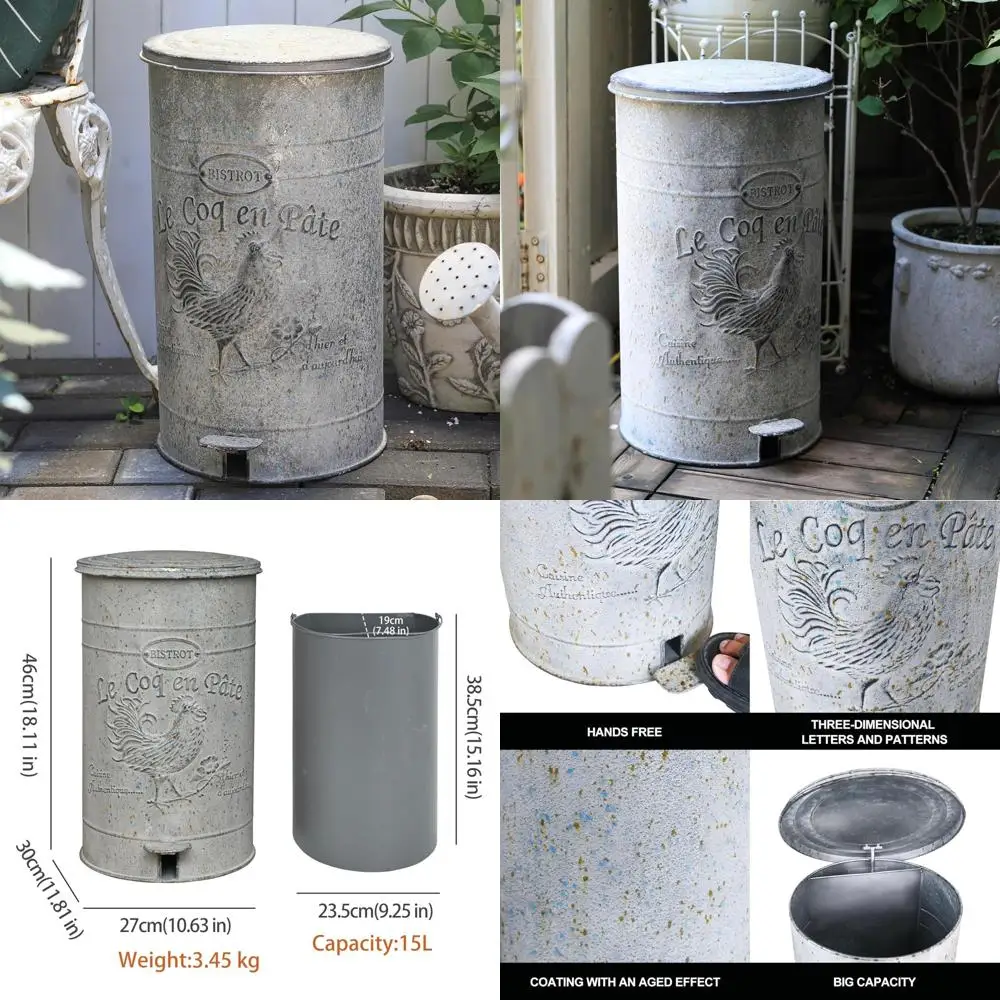 Retro-Style 15L Touchless Pedal Kitchen Trash Can with Rooster Pattern and Lid for Easy Waste Disposal