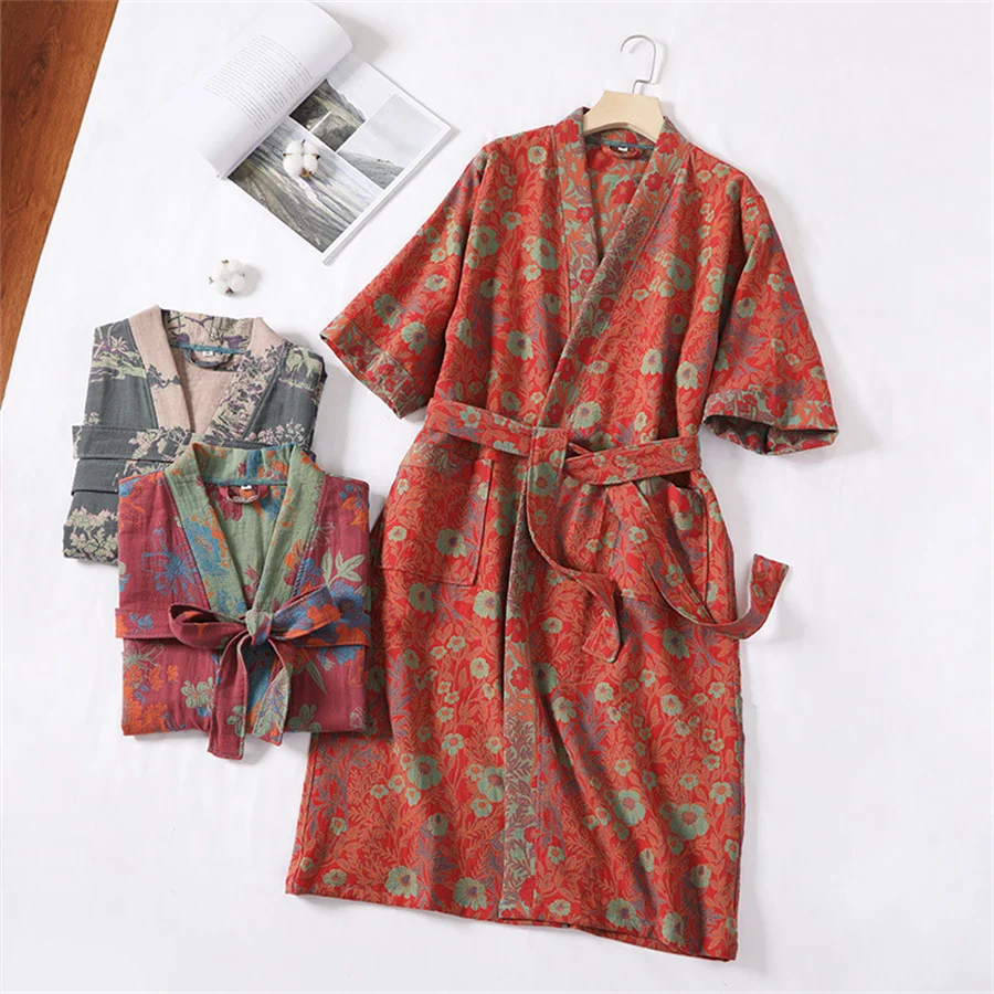 Couple Dressing Gown Retro Loungewear Double Layer Gauze Bathrobe Men Shower Robe Women V-neck Kimono Sleepwear Night Dress