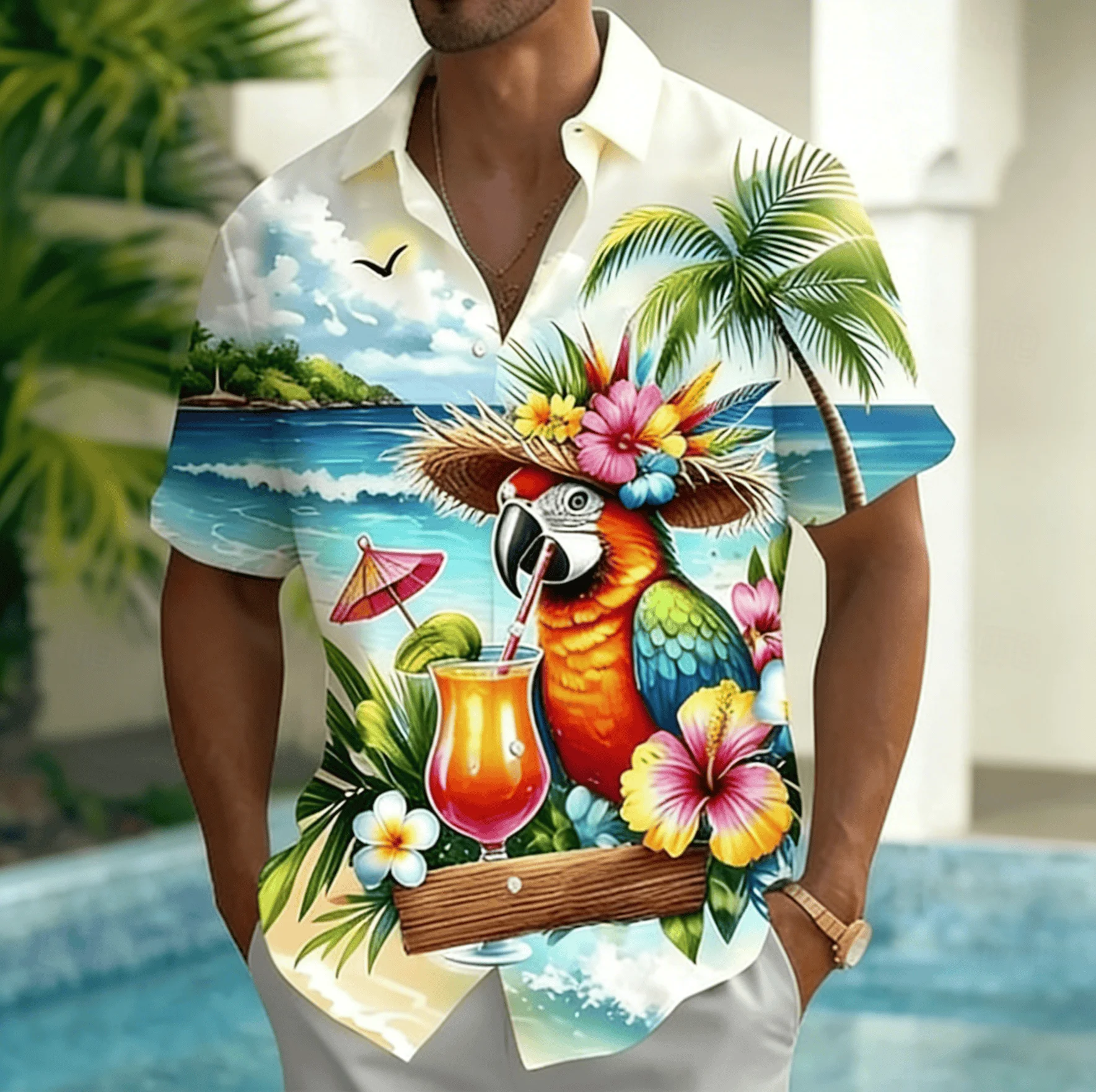 Men's Beach Parrot Cocktail Tropical Floral Print Short Sleeve Shirt, Spring Summer Hawaiian Vacation Blouse, Loose Casual Top