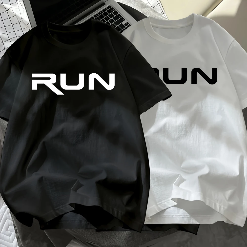 

Run Letter Print Cotton T-Shirts Mens Summer O-Neck Short Sleeve Black White Set T Shirt Oversized Soft Tops Basic Male Clothes