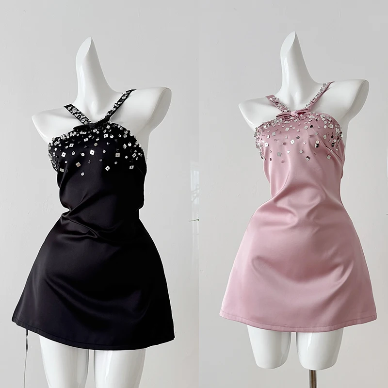 

2026 Sequins Black Dress for Women Halter Backless Short Dress Elegant Korean Fashion Pink Mini Dress Sexy High Waist Dresses