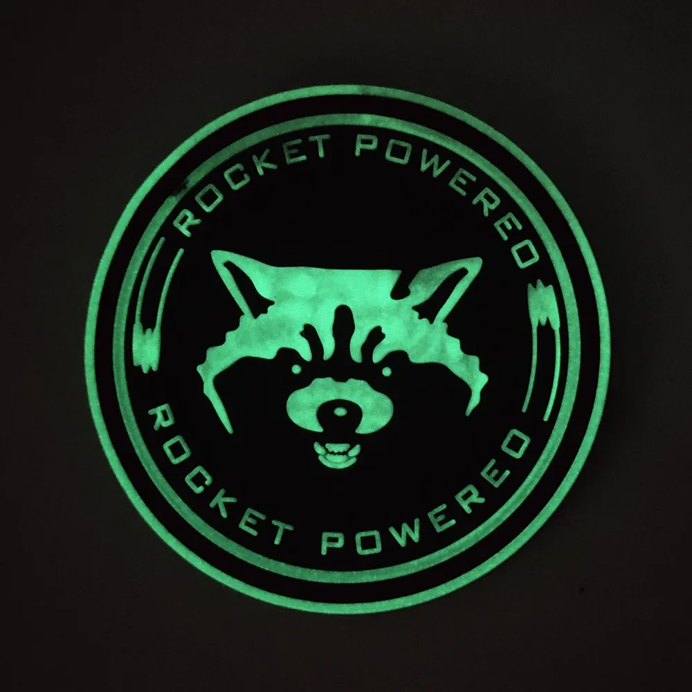 Rocket Powered Cartoon PVC Badge Luminous Raccoon Head Back Rubber Hook and Loop Tactical Patch for Backpack Clothing Stickers