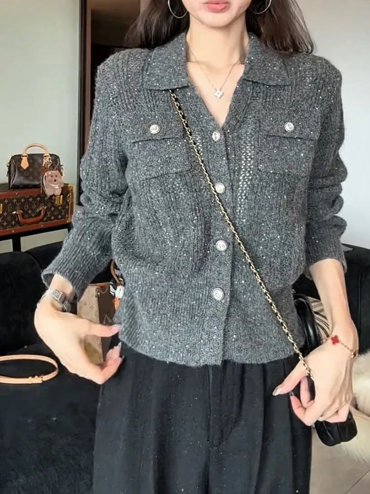 

Новый женский вязаный кардиган с пайетками и V-образным вырезом, осенне-зимний, больших размеров, элегантный, стройнящий, универсальный, из шерсти кашемира