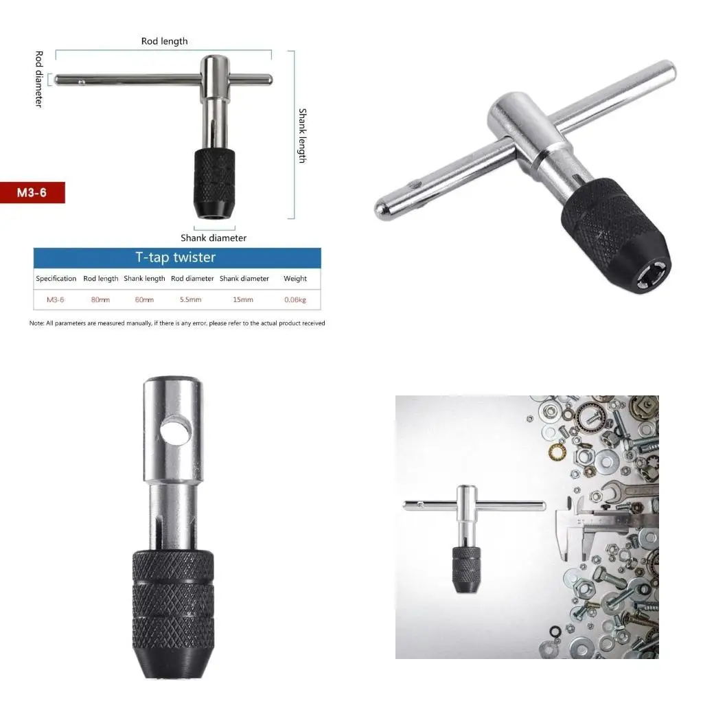 

652F Professional Adjustable Silver T-Handle Ratchet Tap Holder Wrench Metric Plug T-shaped Tap for Household Workshop Repair