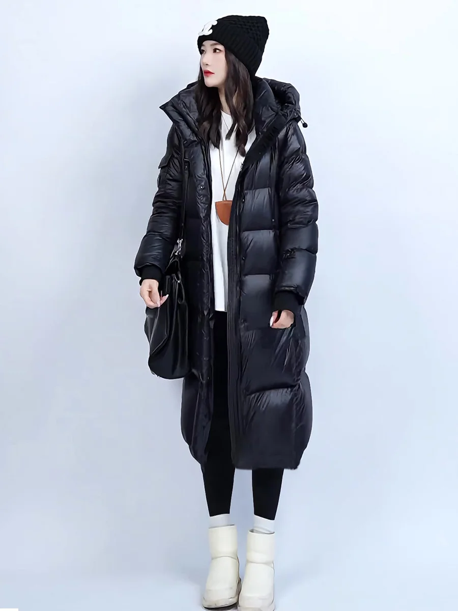 

Женская удлиненная зимняя пуховая куртка с капюшоном, приталенная, утепленная, черная, до колен, повседневная, теплая верхняя одежда для города и отдыха