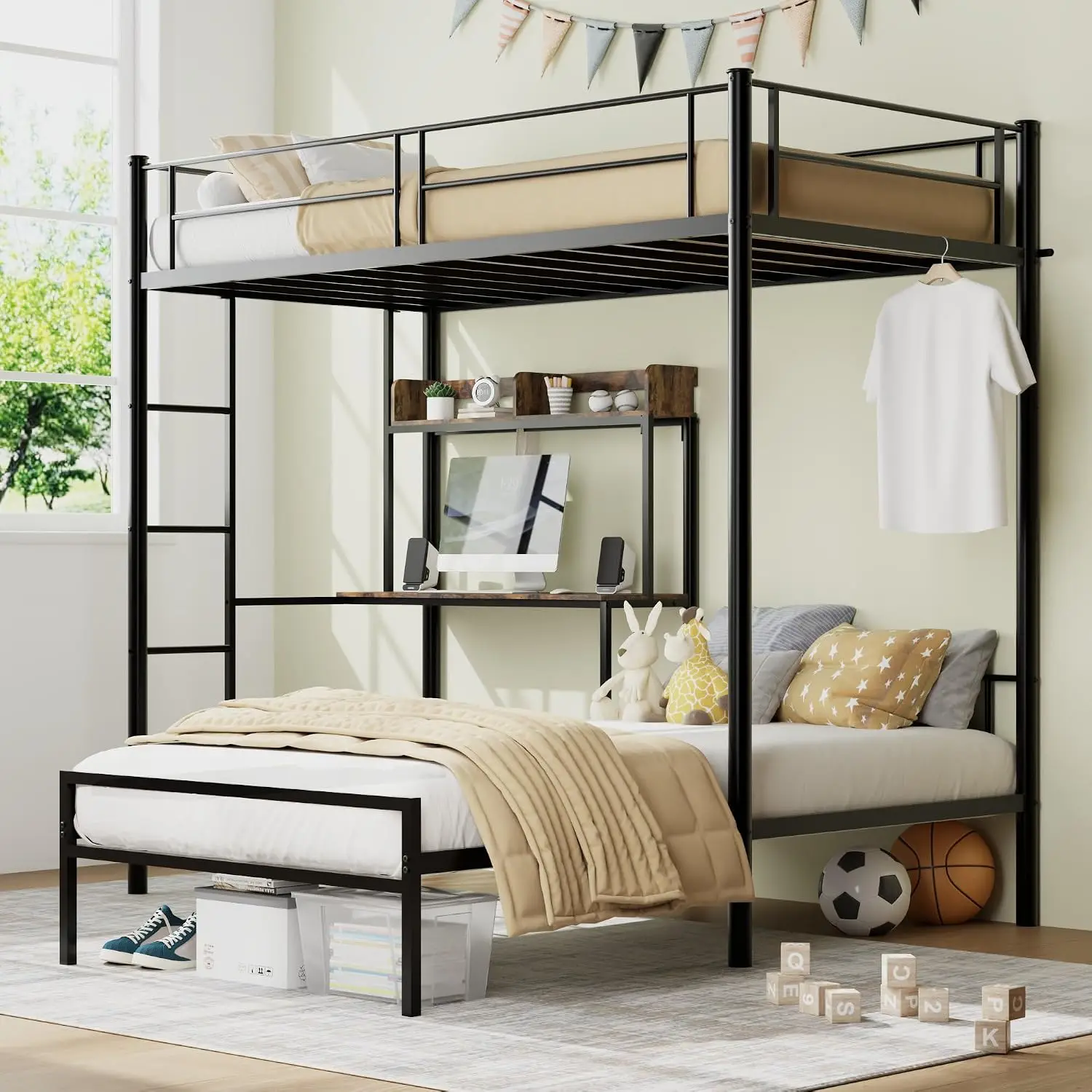 Bunk Bed Twin Over Twin Size with Desk and Charging Station