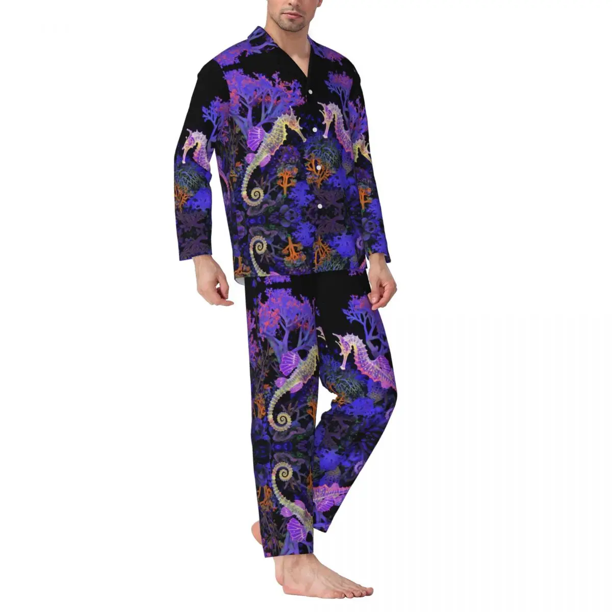 Sea Horse Animal With Fantastic Neon Lighting Long-sleeved Trousers Pajamas for Men Autumn and Winter Homewear Sleepwear Sets