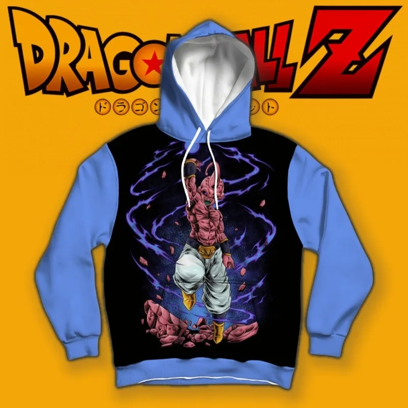 سترة بغطاء للرأس من Dragon Ball Majin Buu Dark Aura مطبوعة فريدة من نوعها من بانداي مستوحاة من الطاقة الديناميكية وتصميم كتلة الألوان يجب اقتناؤها لمحبي الرسوم المتحركة