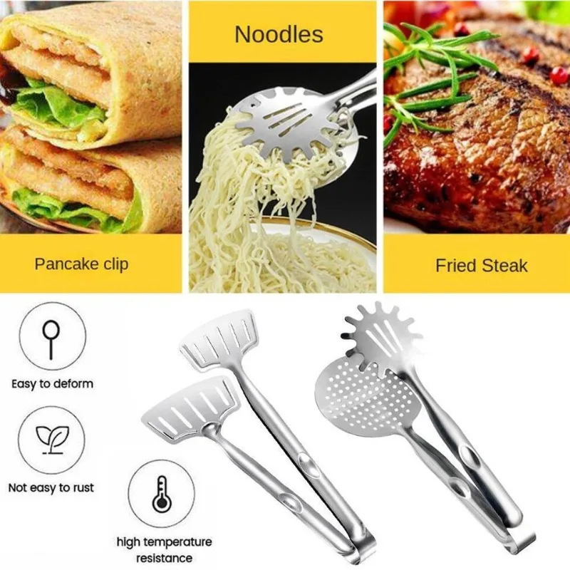 Food Clamp Spatula Tongs Stainless Steel Multi-Function Slotted Double Clip for Bread Egg Steak Grill Durable Cooking Tools