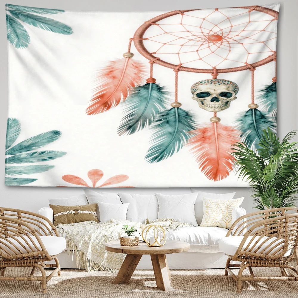 Skull Feather Dream Catcher Wall Tapestry, Gothic Boho Home Decor