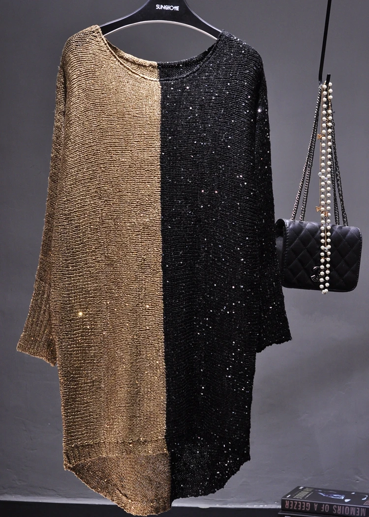 2023 autumn/winter women's new hollowed sequins intercolor medium long sweater loose large size gold line bright silk base skirt